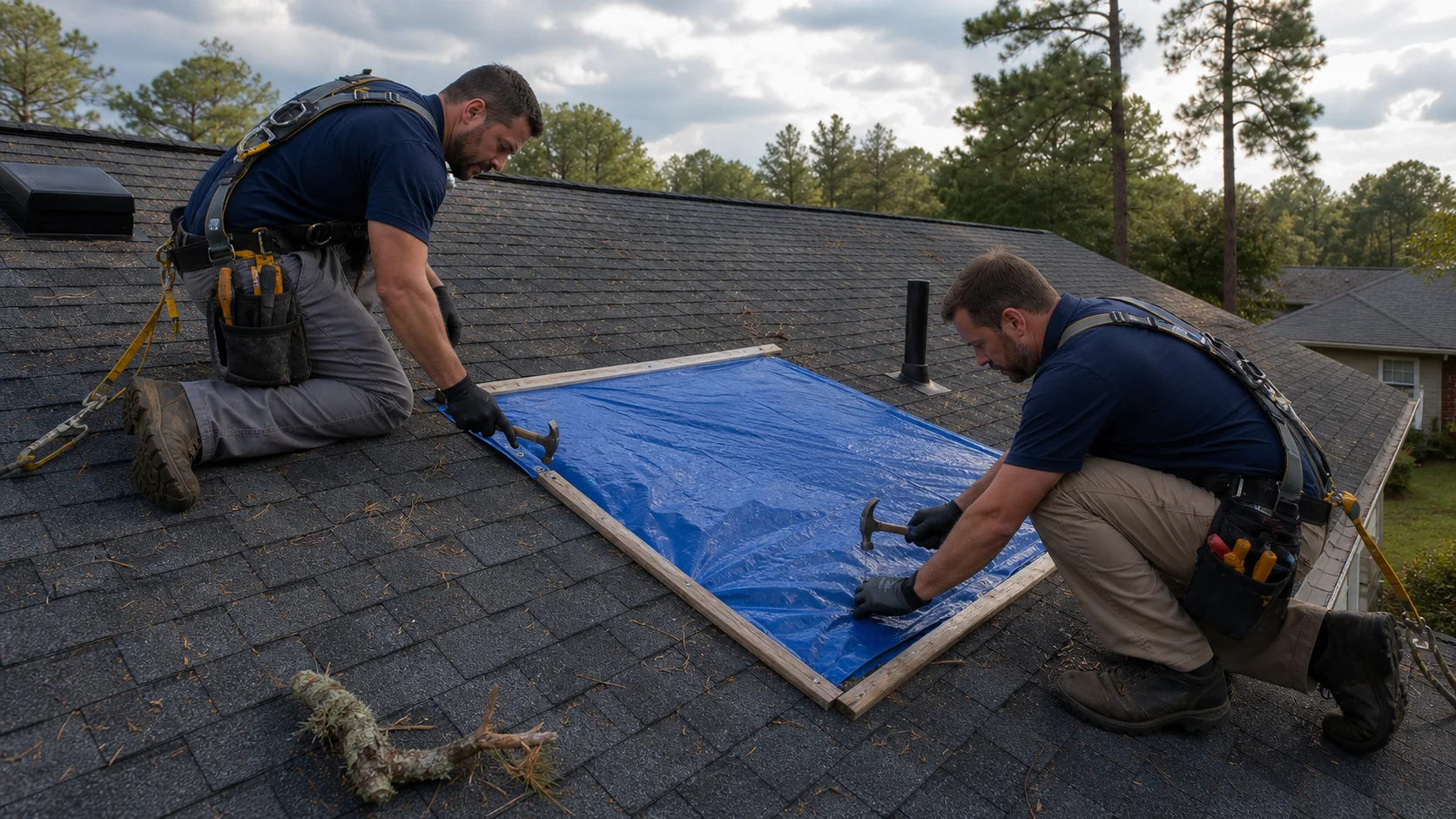 Emergency roof tarping in progress