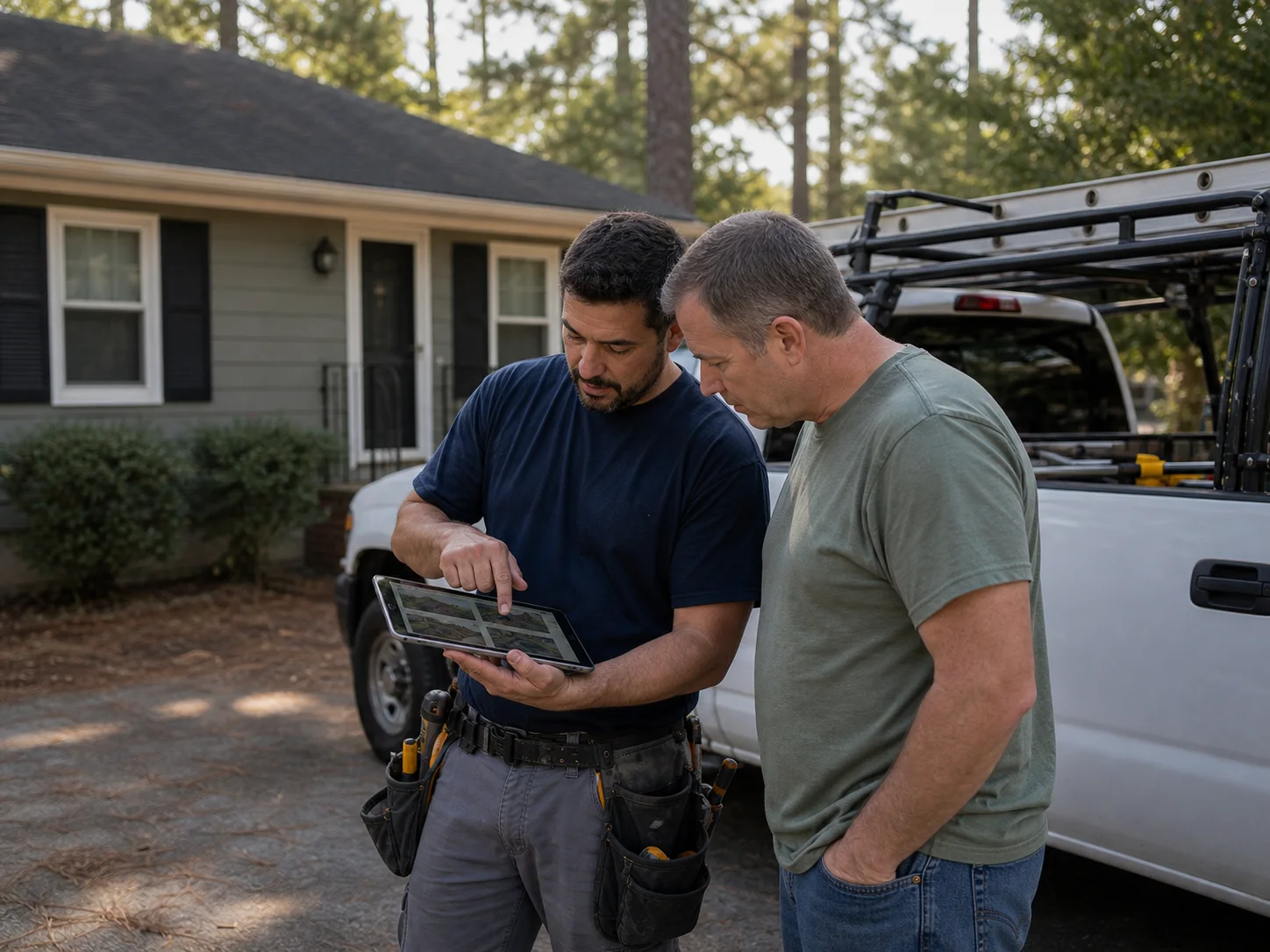 Roof repair technician reviewing inspection photos with a homeowner