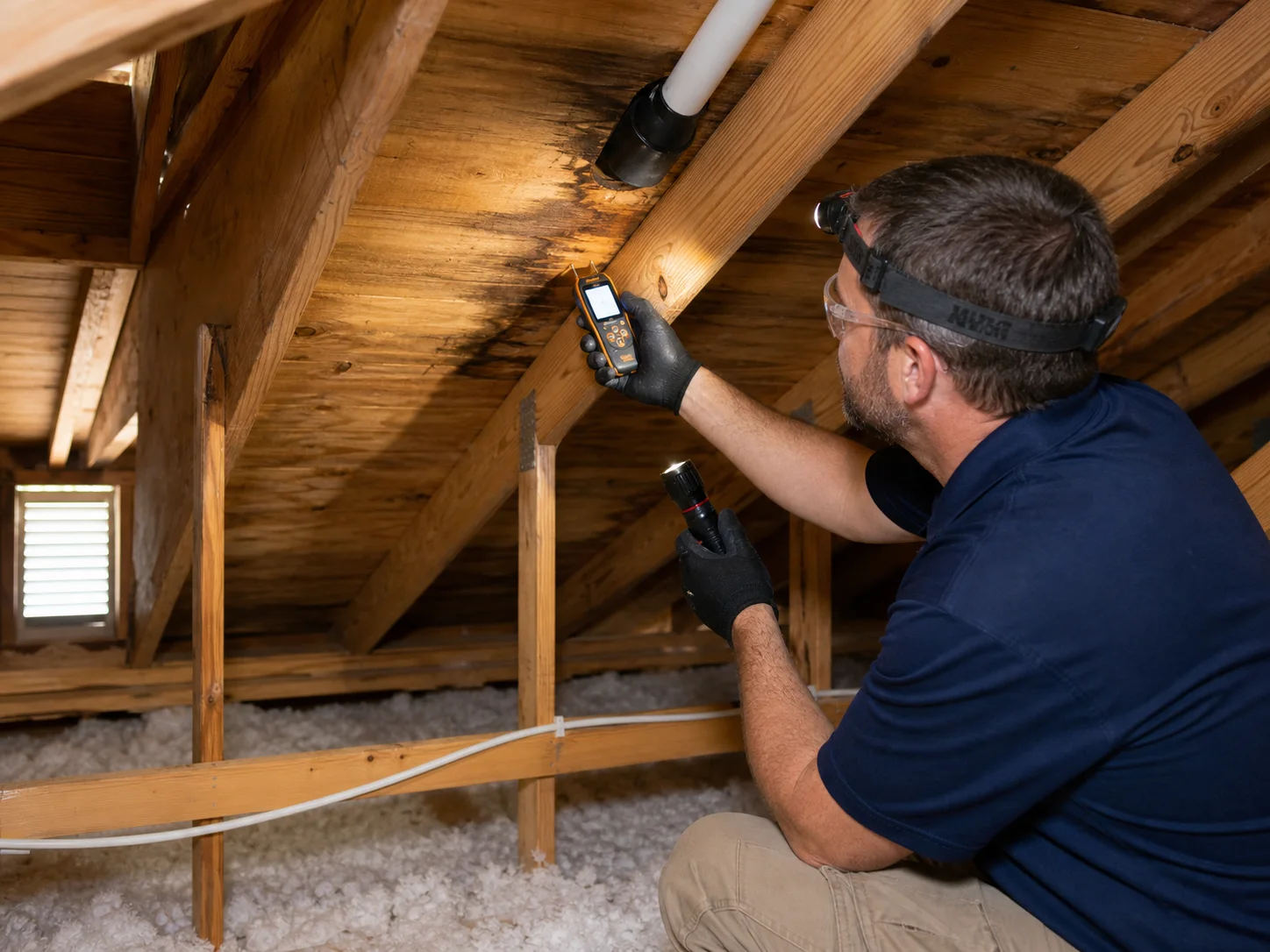Roof leak source tracing in a residential attic
